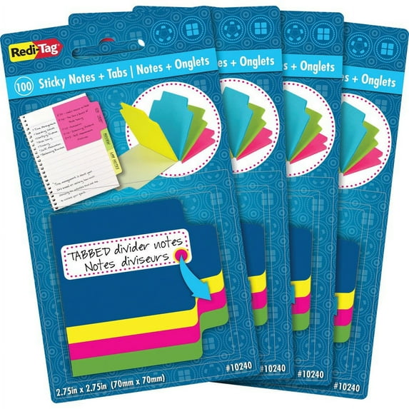 Redi-Tag Tabbed Divider Notes - 4" x 4" - Square - Unruled - Assorted - Tab, Self-stick - 4 / Box | Bundle of 5