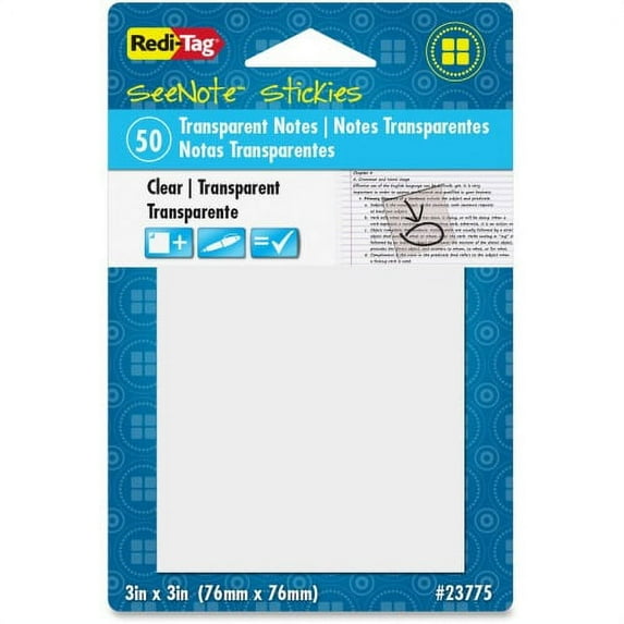 Redi-Tag seeNote Stickies Clear Transparent Notes 50 - 3" x 3" - Square - 50 Sheets per Pad - Clear - Self-adhesive, Repositionable, Removable, Residue-free, Writable - 1 Pad