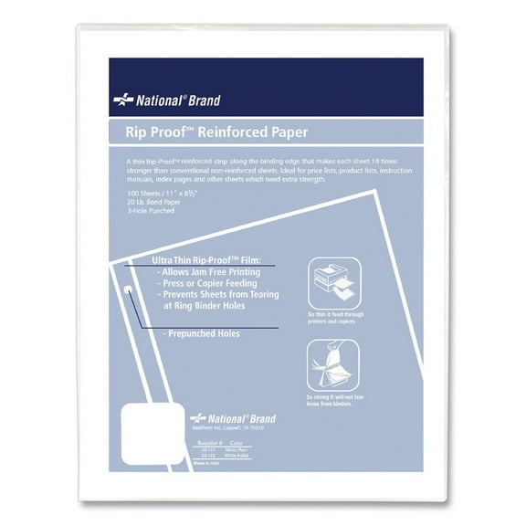 National 20121 8.5 in. x 11 in. 3-Hole Rip Proof Unruled Reinforced Filler Paper (100/Pack)