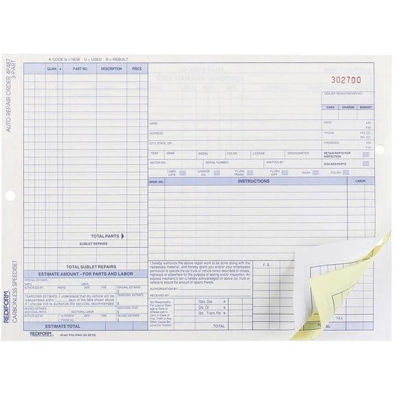 Rediform 3-part Auto Repair Order Forms - 3 PartCarbonless Copy - 11" x 8.50" Sheet Size - Assorted Sheet(s) - Blue Print Color - 50 / Pack | Bundle of 2 Packs