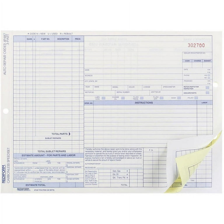 Rediform 3-part Auto Repair Order Forms - 3 PartCarbonless Copy - 11 Rediform 3-part Auto Repair Order Forms - 3 PartCarbonless Copy - 11
