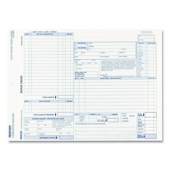 Rediform 4P489 Speediset 11 in. x 8.5 in. 4-Part Carbonless Auto Repair Form (50/Pack)