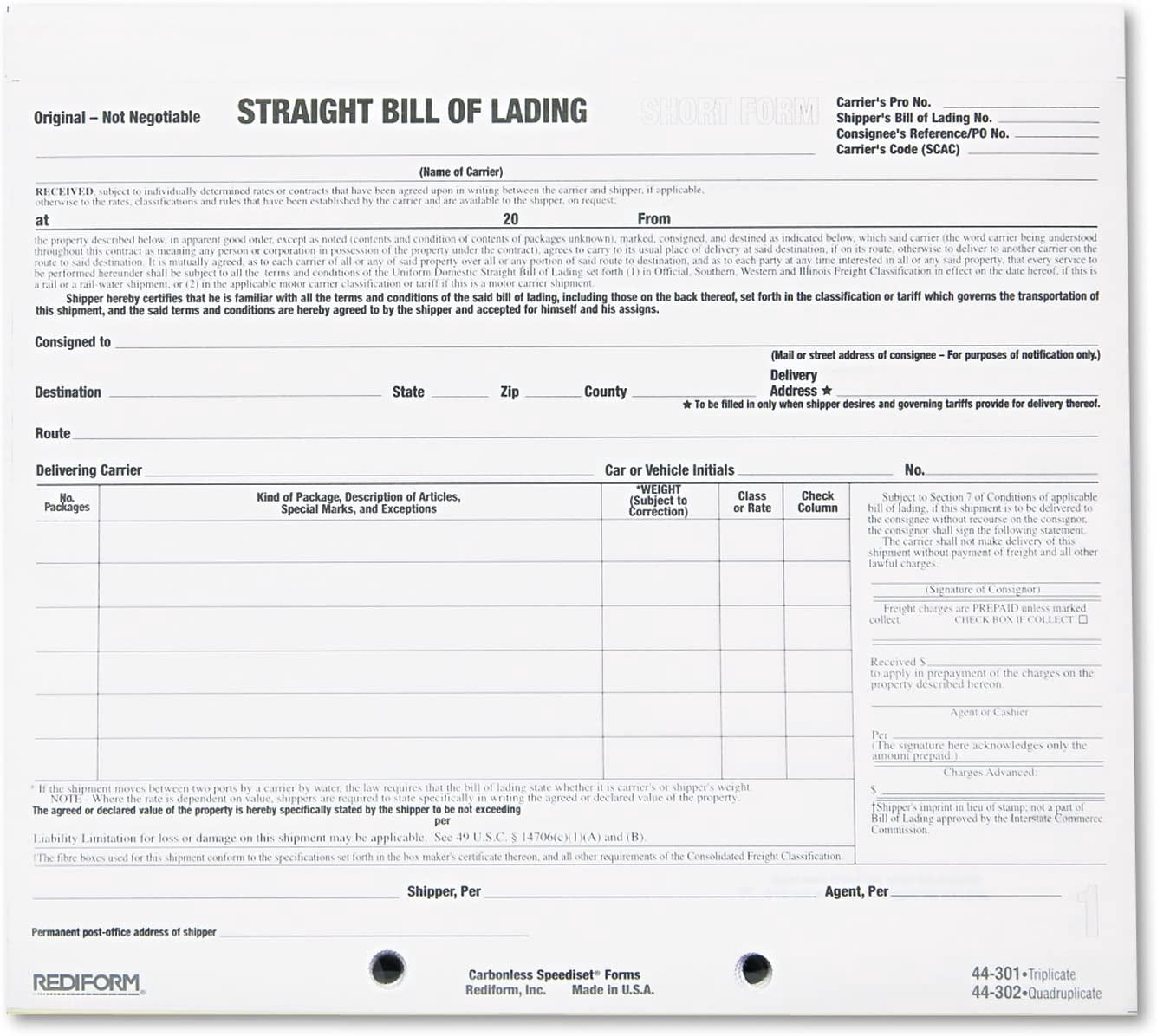 Rediform Bill of Lading Short Form, 8 1/2 x 7, Three-Part Carbonless ...