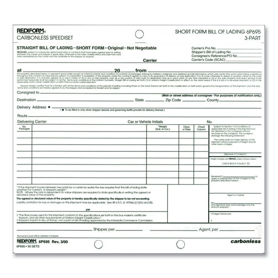 Rediform Bill of Lading, Three-Part Carbonless, 7 x 8.5, 1/Page, 50 Forms