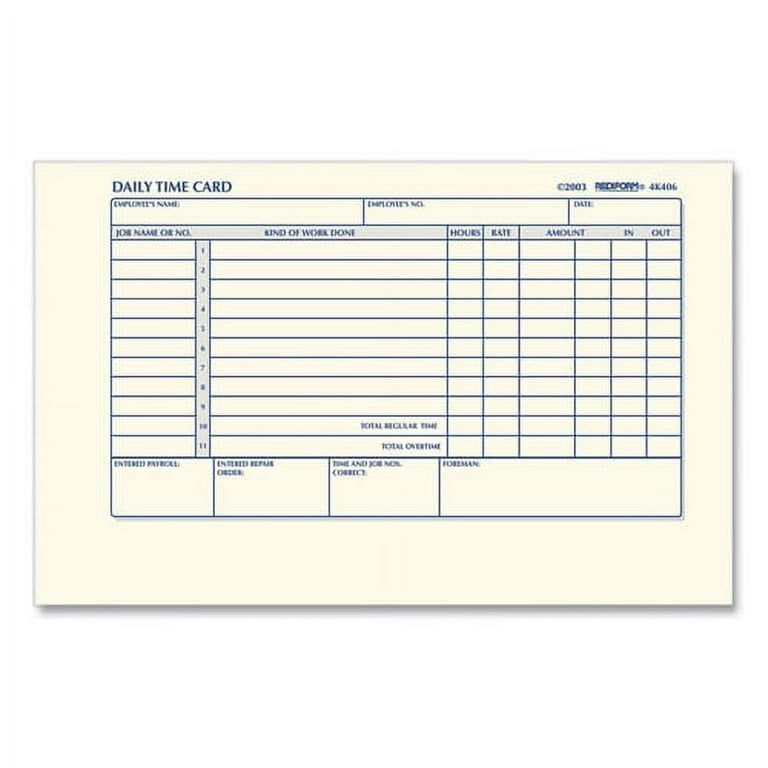 Daily Employee Time Cards, Two Sides, 4.25 x 7, 100/Pad Daily Employee Time Cards, Two Sides, 4.25 x 7, 100/Pad