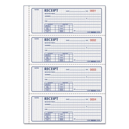 Rediform Money Receipt Book, Three-Part Carbonless, 7 x 2.75, 4/Page, 100 Forms