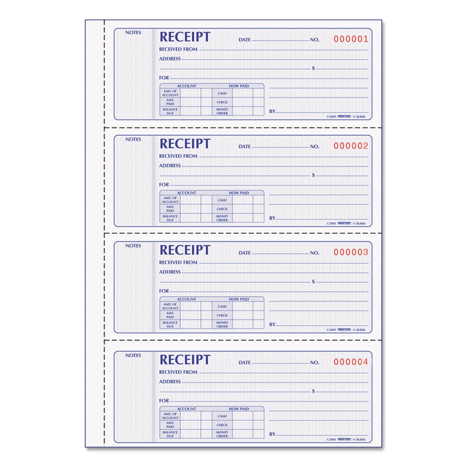 Rediform Money Receipt Book, Two-Part Carbonless, 7 x 2.75, 4/Page, 200 Forms