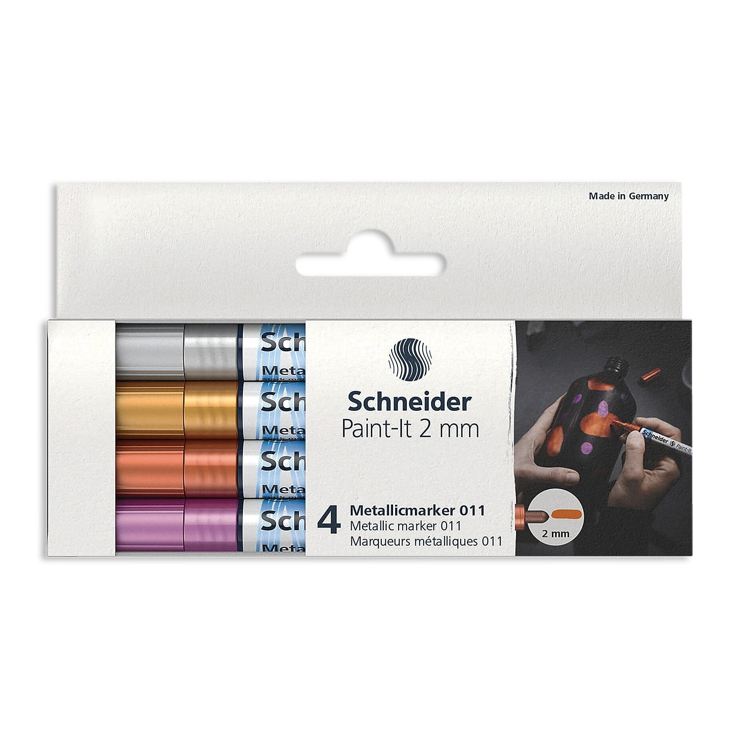 Schneider Paint-It 011 Metallic Marker, 2 mm Tip, High-Opacity Metallic Finish, Fast-Drying Ink, Multi-Surface Use, Eco-Friendly, Made in Germany