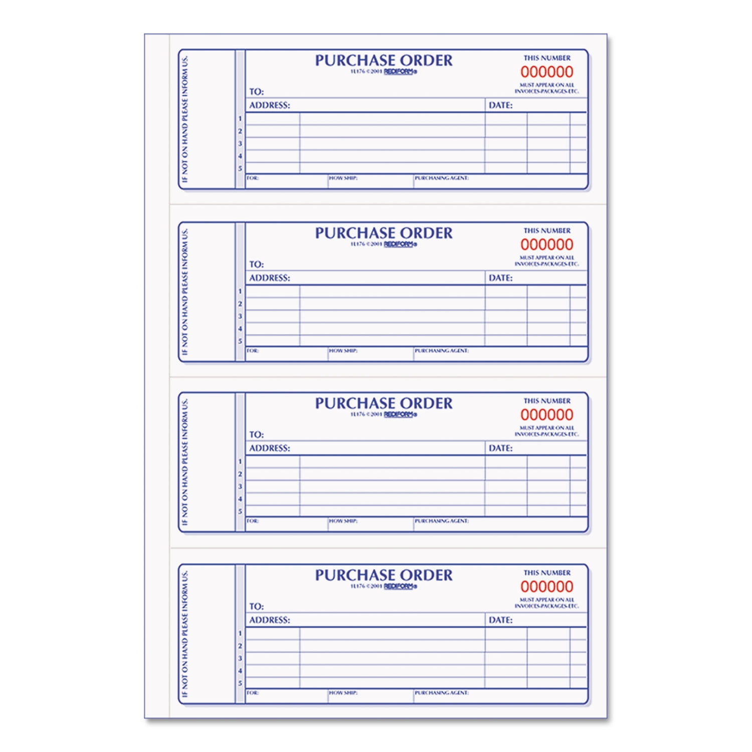 Rediform Purchase Order Book, 2 3/4 '' x 7'', White; Blue