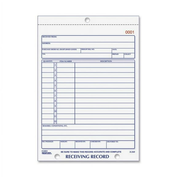 Rediform, RED2L260, Carbonless Receiving Record Slip Book, 1 Each