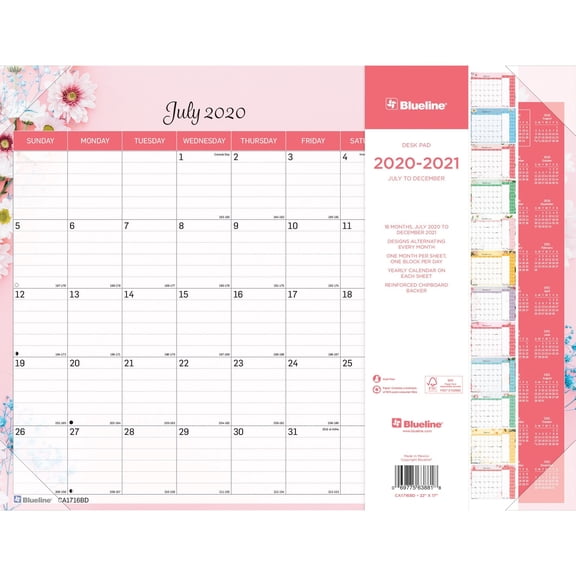 Blueline Spring Academic 18-Month Desk Pad - Academic - Monthly - 1.5 Year - July 2020 till December 2021 - 1 Month Single Page Layout - 22" x 17" Sheet Size - 2 x Holes - Desk Pad - Floral -