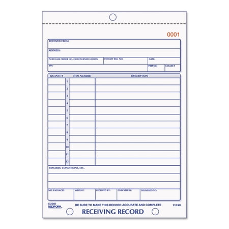 Rediform Receiving Record Forms Book, 5 9/16" x 7 15/16", Three-Part Carbonless, 50 Sets per Book