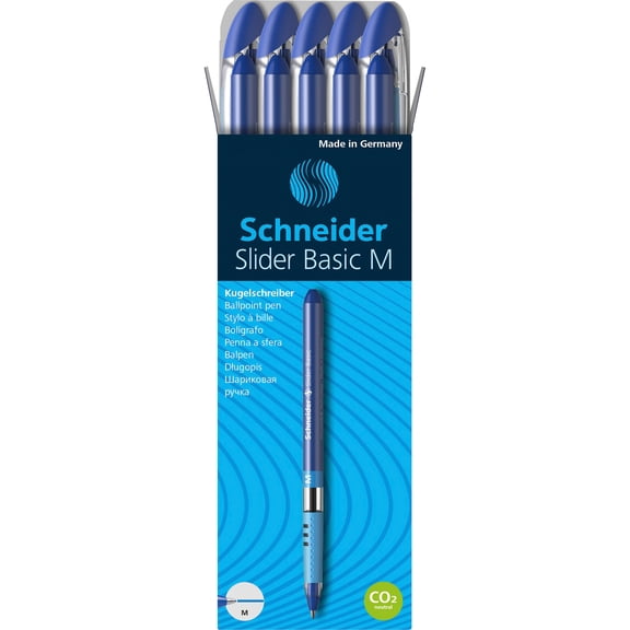 Rediform® Schneider Slider Basic M Ballpoint Pens, Medium Point, 1.0 mm, Blue/Silver Barrels, Blue Ink, Pack Of 10 Pens