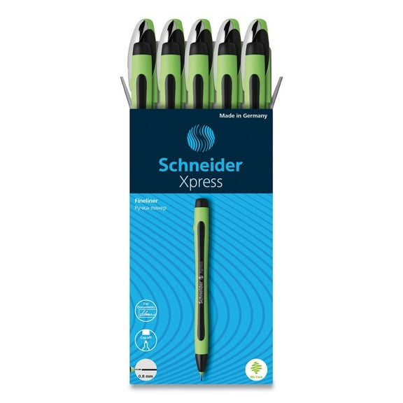 Schneider 190001 0.8 mm Xpress Fineliner Porous Point Stick Pen - Medium/Black Ink/Black/Green Barrel (10/Box)