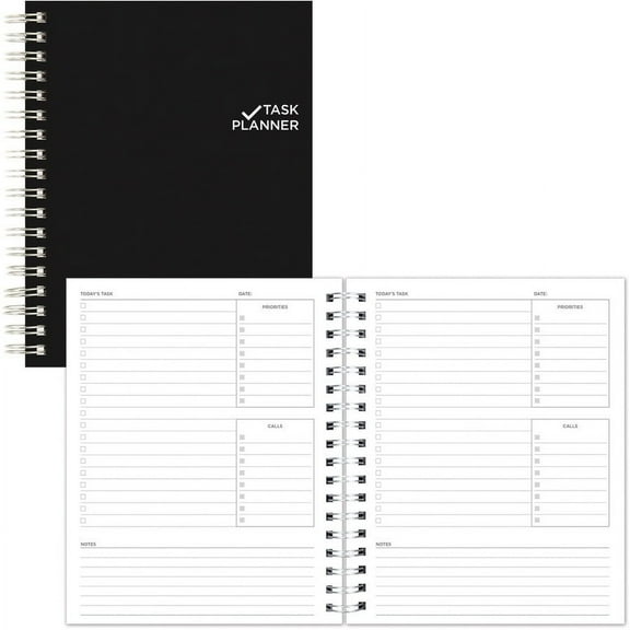 Rediform Undated Task Planner - Personal - Twin Wire - Black - Notes Area, Hard Cover - 1 Each | Bundle of 5