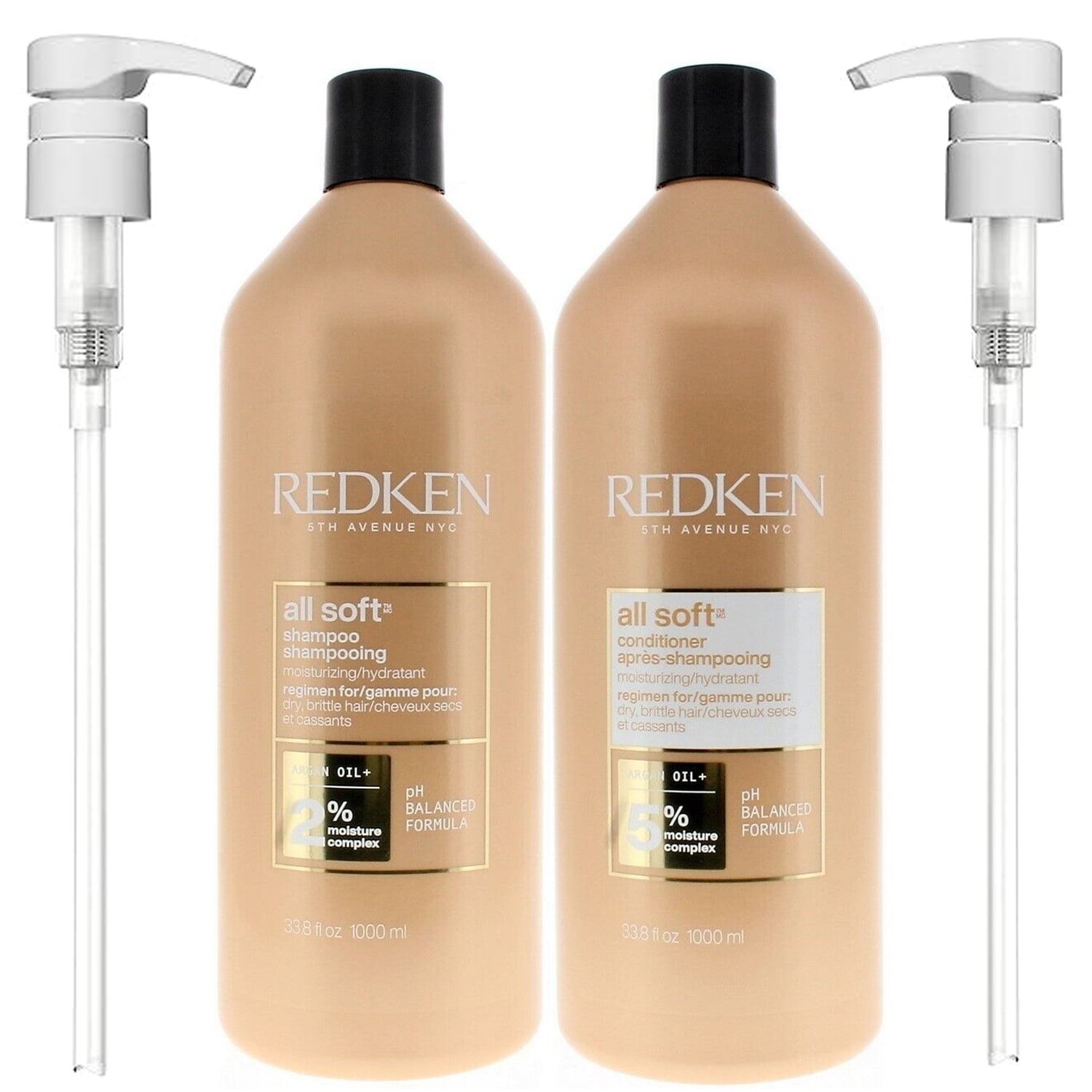 Redken All Soft Shampoo and Conditioner Set for Dry, Brittle Hair, 33.8 oz with Pumps
