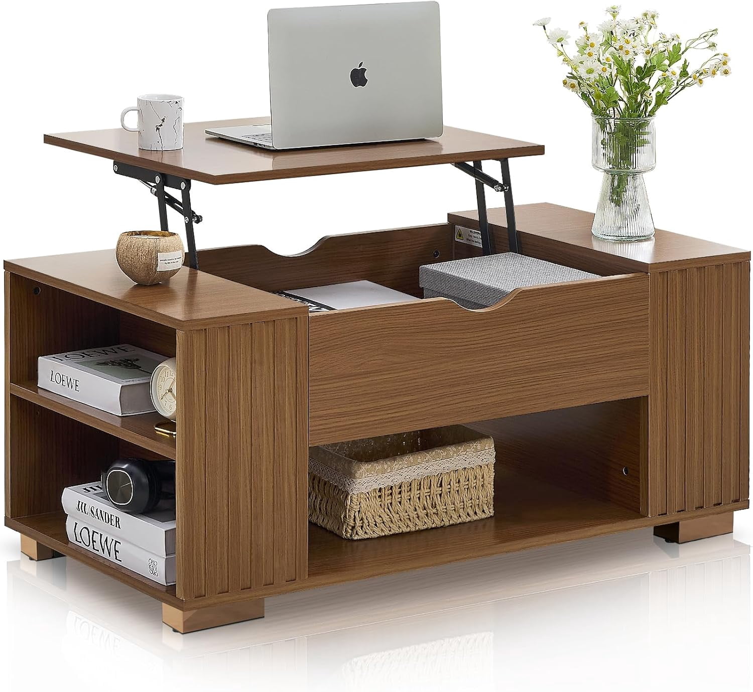 Round Lift Top Coffee Table With Storage | Mid Century Modern Fluted Design, Walnut