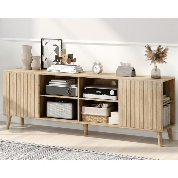 Redkey Mid-Century Modern TV-Stand - Fluted Television Stands for 70 75 80 85 Inch TVs - TV Console Table with Storage for Living Room - Adjustable Shelves - Media Console Table - Oak