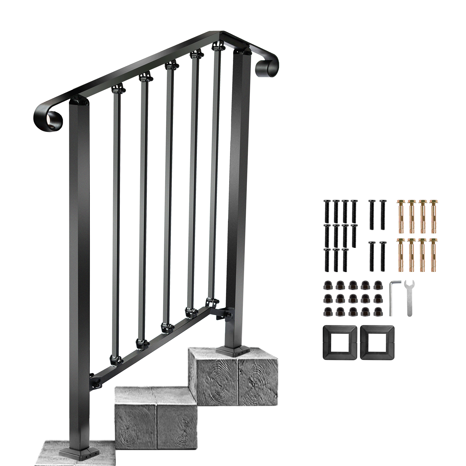 83 Steps UBesGoo 2 Steps Stair Rail Matte Black Wrought Iron Handrail for ...