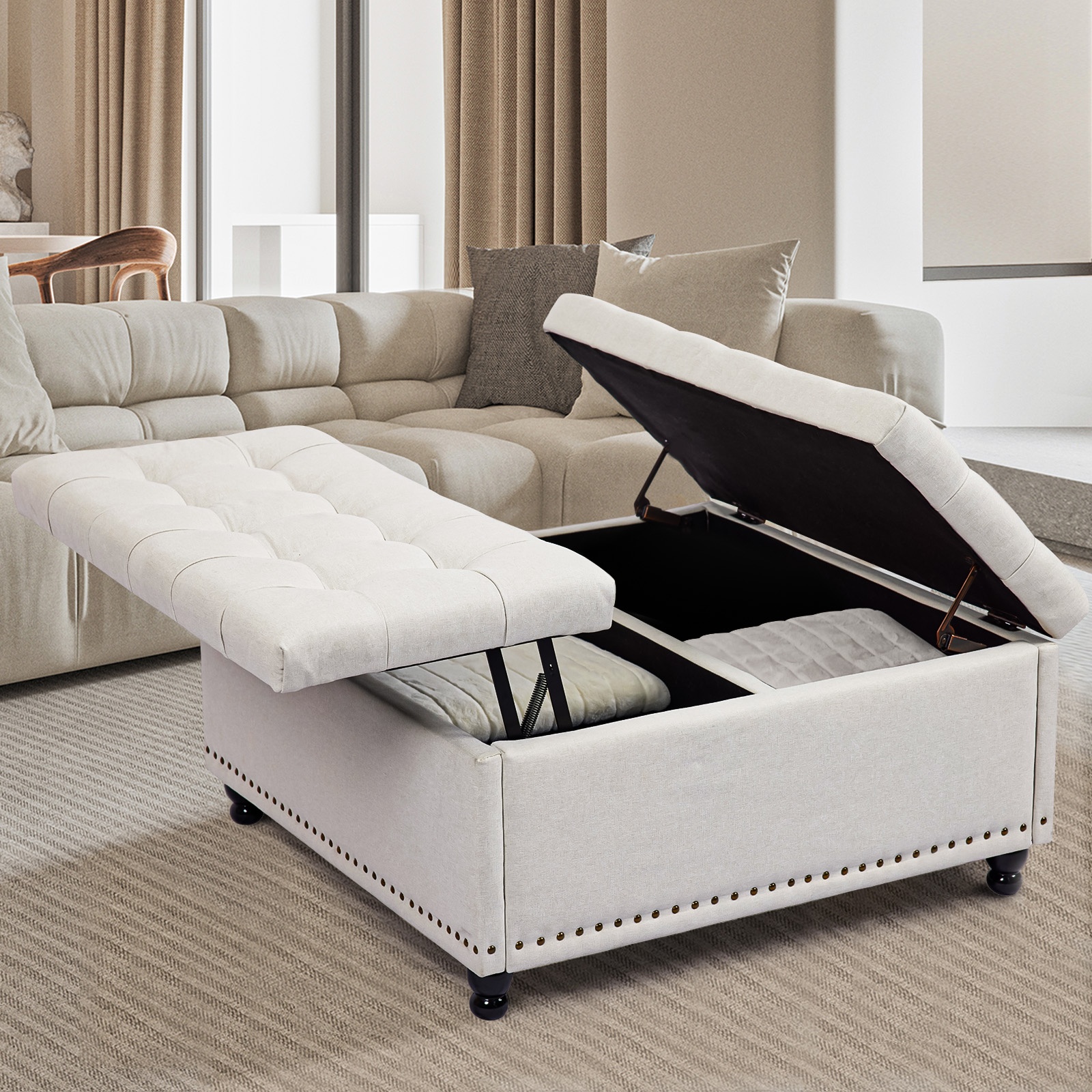 Harrison 36 inch Wide Transitional Square Coffee Table Storage Ottoman ...
