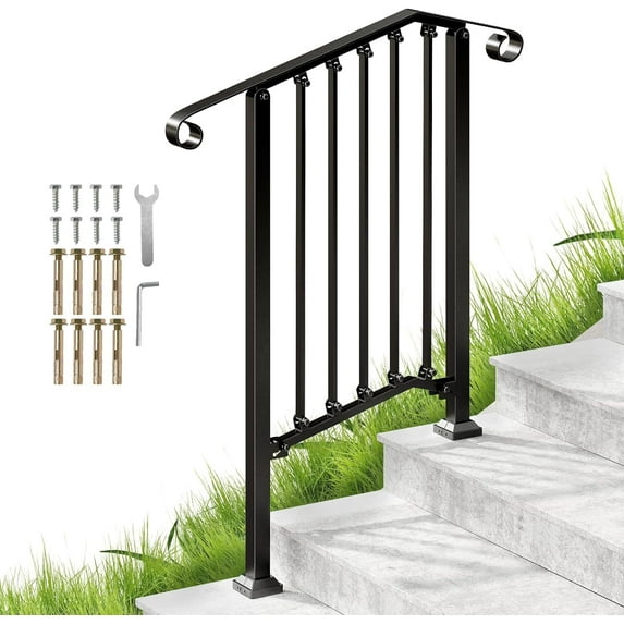 Redlife Handrail for Stairs Fits 2 or 3 Steps Outdoor Stair Railing Picket Black Wrought Iron Handrail 38.5''
