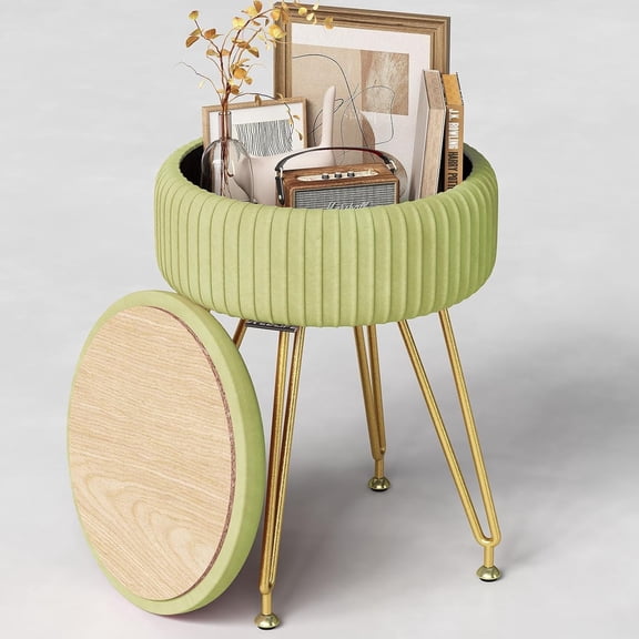 Redlife Vanity Stool with Storage, Round Makeup Vanity Stool with 4 Small Make Up Chair Multifunctional Storage Ottoman Stools for Makeup Room Bedroom (Light Green)