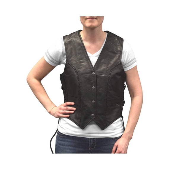Redline Leather Women's Side Lace Goat Leather Motorcycle Vest, Black L-11 (2XL)