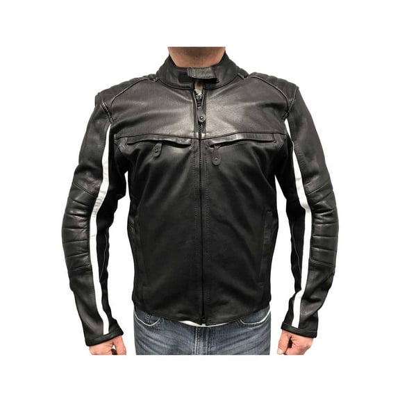 Redline Mens White Striped Goat Skin Leather Motorcycle Jacket, Black M-BWG (XL)