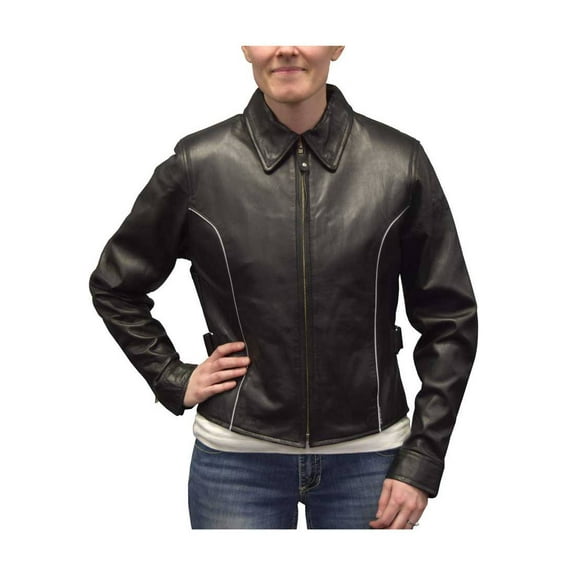 Redline Women's Goat Leather Reflective Piping Motorcycle Jacket L-3250HV (L)