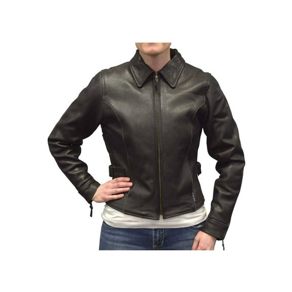 Redline Women's Leather Black Reflective Piping Motorcycle Jacket L-3250BR (XL)