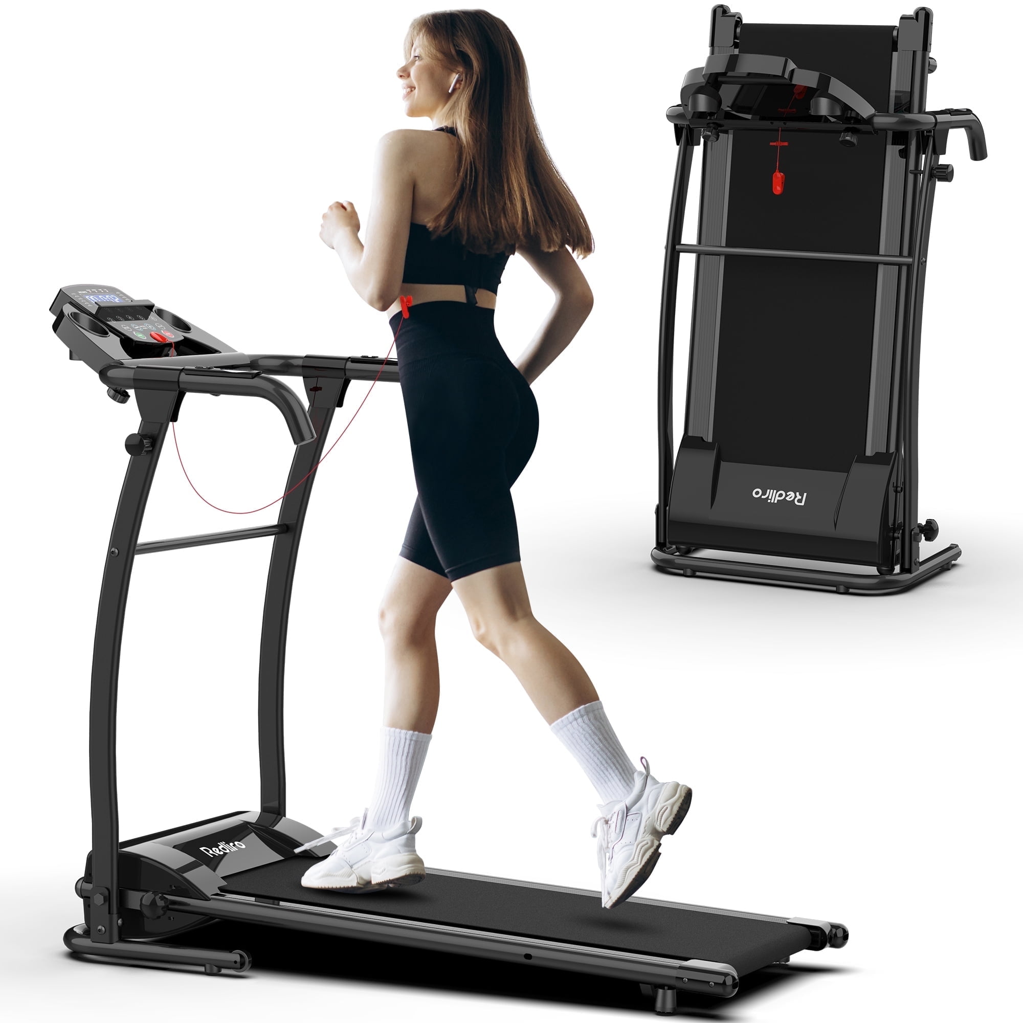 Redliro Folding Treadmills for Home Electric Walking Machine with Heart Rate Sensor LCD Display 220lbs 2HP, Black