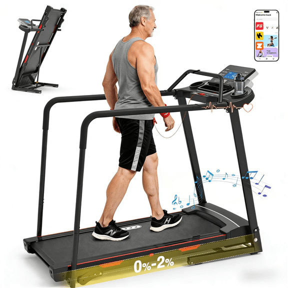 Redliro Senior Treadmill with Long Handrails, 350 lbs Capacity Walking Treadmill for Seniors, Foldable Treadmill with Incline