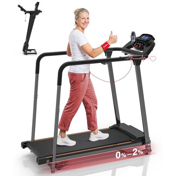 Redliro Treadmill for Seniors with Long Handrails - Foldable Walking Treadmill for Home Small, 300 lbs Capacity, 0-2% Incline, Auto Lube, Mute & Quick Speed Button, Elder Recovery, Cup & Phone Holder