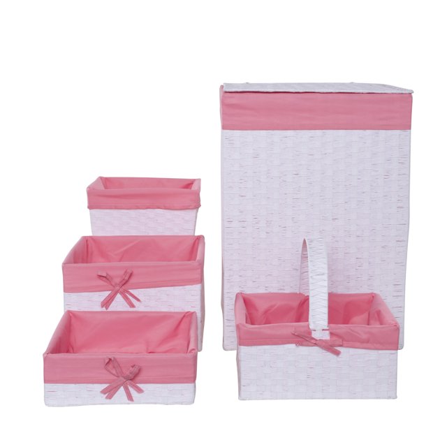 Redmon Five Piece Weave Pattern Hamper and Basket Set, White with Pink
