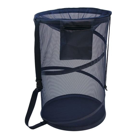 Redmon Pop up Mesh Hamper, Adjustable Shoulder Strap, Coin Pouch, Drawstring Closure, Navy