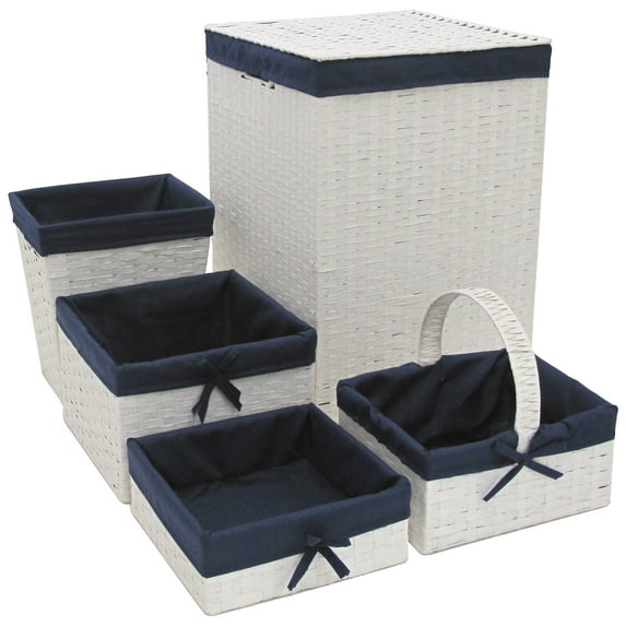 Redmon Hamper & Basket Set with Liners, 5 Piece, White & Navy
