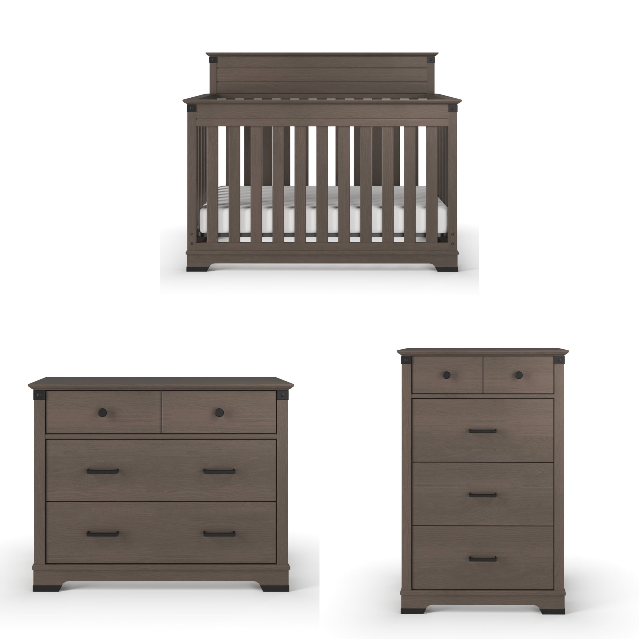 Dapper Gray 3-Piece Nursery Set with Convertible Crib, Dresser, and Chest