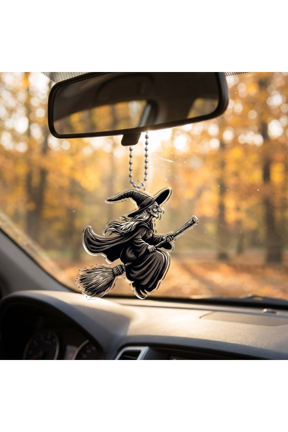 Halloween Witch Riding Broom Acrylic Flat Hanging Ornament, Spooky Gothic Halloween Decor for Car Rearview Mirror, Backpack Purse Keychain Accessory Holiday Party Gift,Black