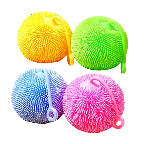 Rednachen Light Up Fuzzy Puffer Ball, Dense Fluffy Spiky Squeeze Toy with 4 Vibrant Solid Colors, Random Color Novelty Glowing Stress Relief Bouncy Ball with Attached Hand Strap