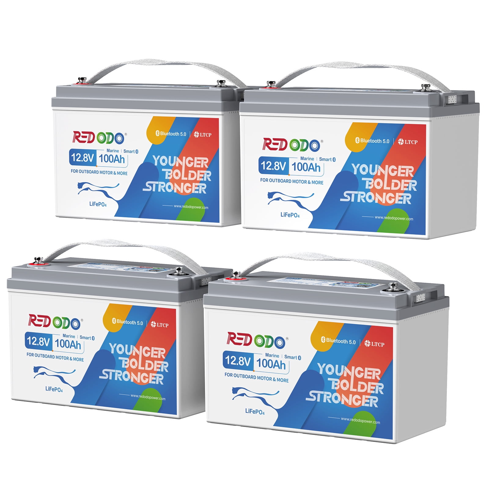 Redodo 12V 100Ah LiFePO4 Battery (4 Pack), Bluetooth Electric Outboard Motor Battery with 100A BMS Supports up to 60V System