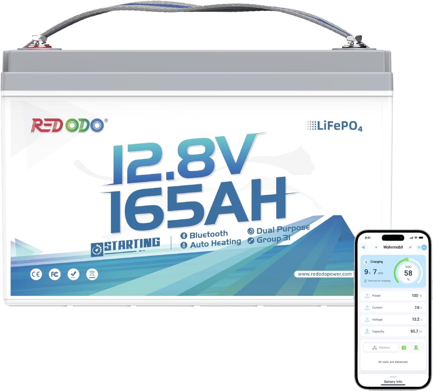 Redodo 12V 165Ah Dual Purpose Bluetooth Lithium Battery, 2112Wh, 1200CCA Group 31 Marine Starting Battery with Self Heating, IP67 Waterproof