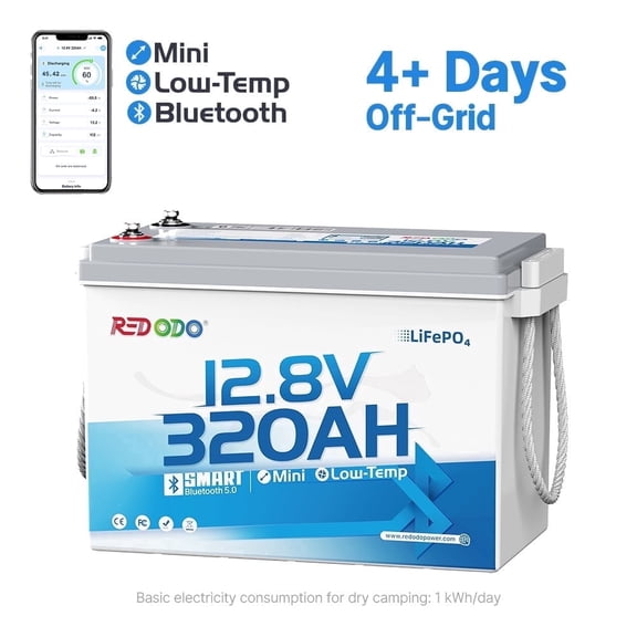 Redodo 12V 320Ah Mini Bluetooth Lithium LiFePO4 Battery, 200A BMS IP65, Deep Cycle for RV, Marine, OffGrid Solar & Home Backup