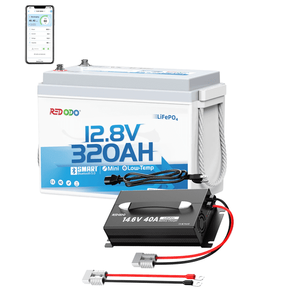 Redodo 12V 320Ah Mini Bluetooth Lithium LiFePO4 Battery with 12V 40A Charger, 200A BMS IP65, Deep Cycle for RV, Marine, OffGrid Solar & Home Backup