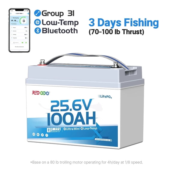 Redodo 24V 100Ah Group 31 Bluetooth Lithium LiFePO4 Battery, 100A BMS IP65, for 70‑100 lb Trolling Motor, Marine RV Off‑Grid Solar