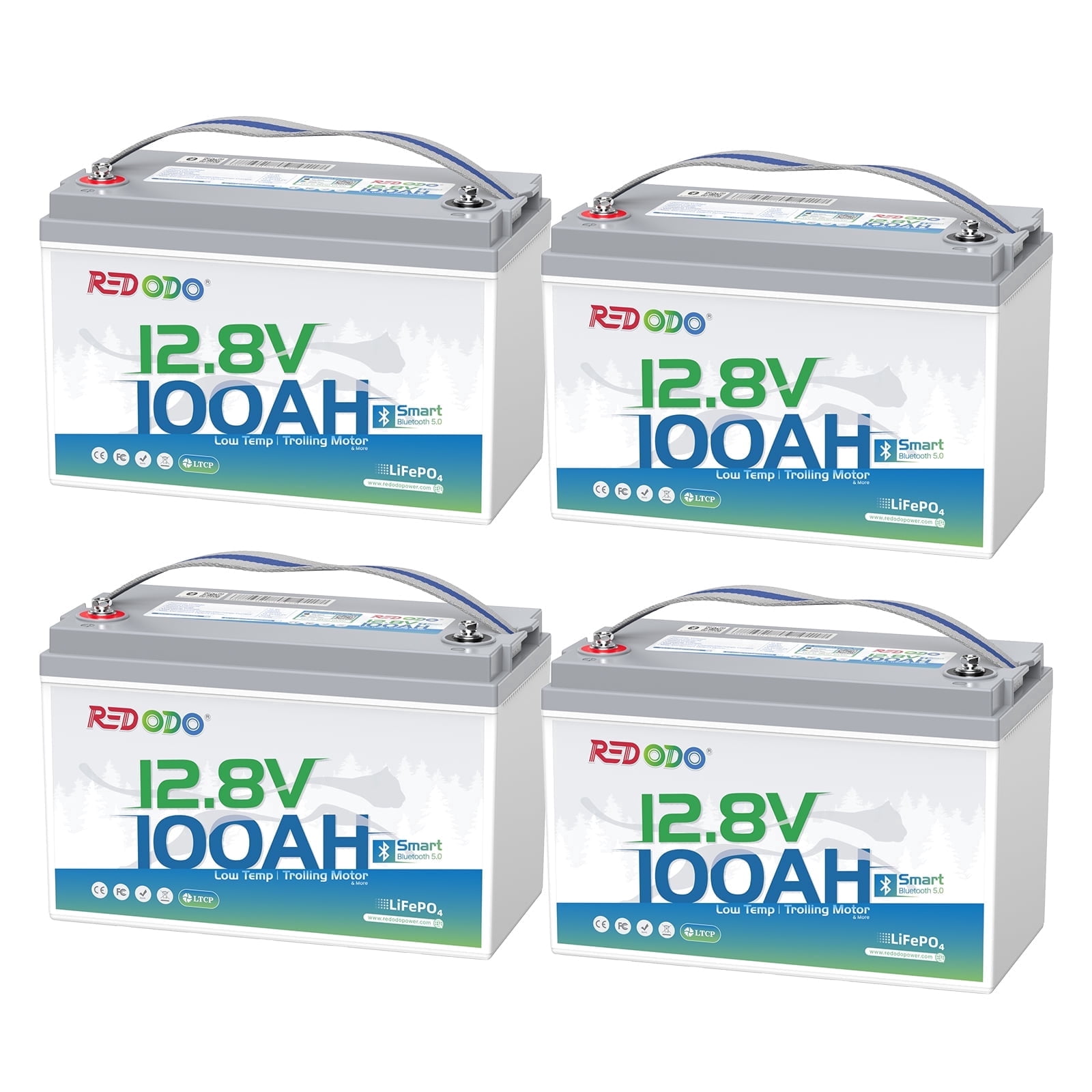 Redodo 4 Pack 12V 100Ah LiFePO4 Battery Bluetooth 100A BMS Remote Control Lithium Battery Low-Temp Protection for Trolling Motor RV