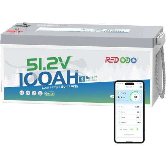 Redodo 48V 100Ah Lithium Golf Cart Battery, Smart 200A BMS, Bluetooth & Low-Temp Protection, 4000+ Deep Cycles LiFePO4 Battery, Max 20.48kW Power Output, Perfect for Golf Carts
