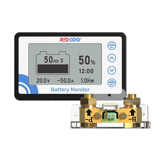 Redodo Battery Monitor with Shunt, Battery Meter Voltage Range 8V-120V and up to 500A, 20ft Shielded Cable, High and Low Voltage Programmable Alarm Compatible with LiFePO4 Battery, Gel, Lead-Acid