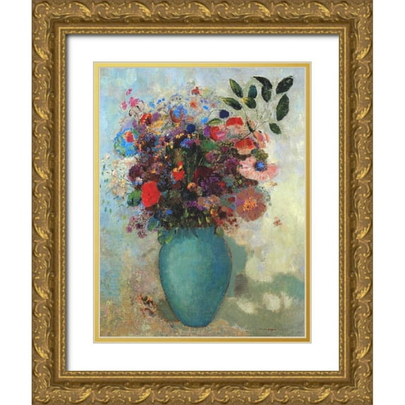 Redon, Odilion 19x24 Gold Ornate Wood Framed with Double Matting Museum Art Print Titled - Flowers In A Turquoise Vase