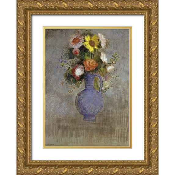 Redon, Odilon 14x18 Gold Ornate Wood Framed with Double Matting Museum Art Print Titled - Bouquet in a Blue Vase