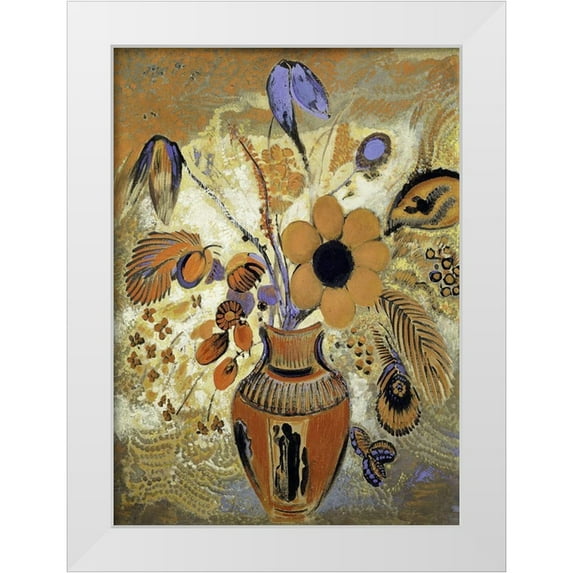 Redon, Odilon 14x18 White Modern Wood Framed Museum Art Print Titled - Etruscan Vase with Flowers